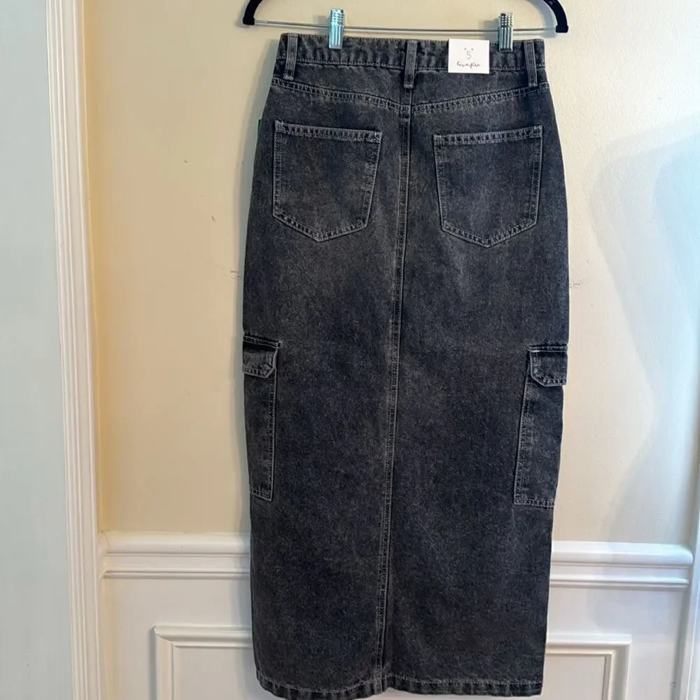 Love, Fire Black Denim Maxi Skirt